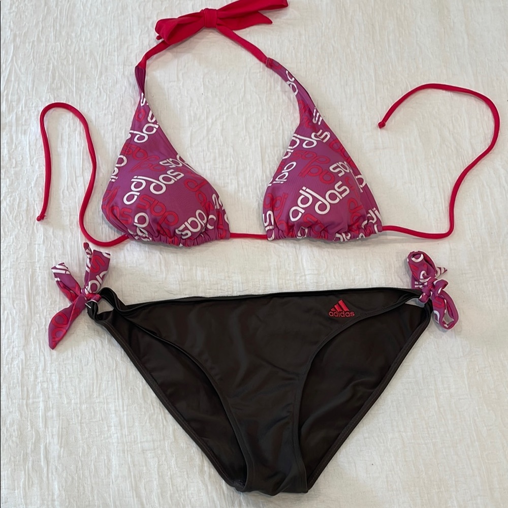 Adidas Sporty Pink and Brown Bikini Set with Triangle Top.